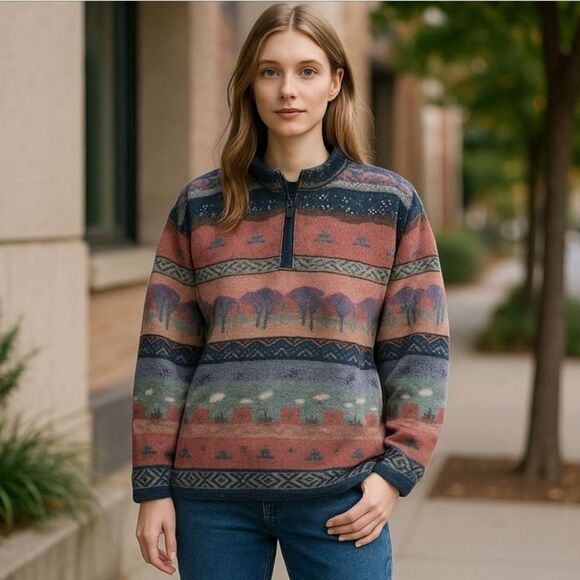 Icelandic Design Womens Multi Graphic ¼ Zip Sweater 100% Wool | M Southwestern - Picture 1 of 12